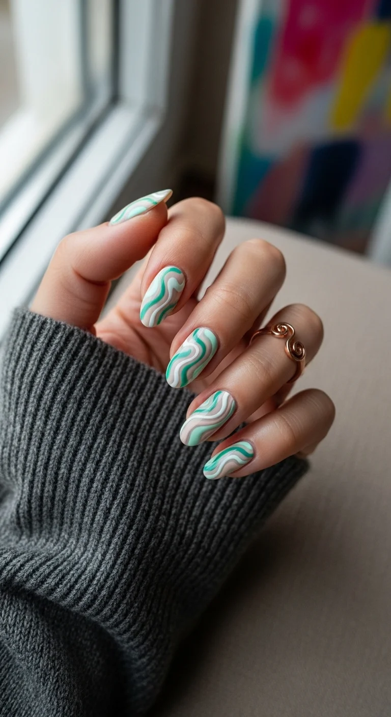 Almond nails with a 70s-inspired swirl pattern in mint, cream, and forest green.