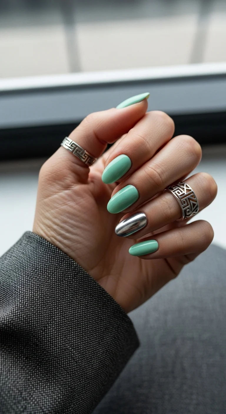 Almond nails in mint green with one solid silver metallic chrome accent nail.