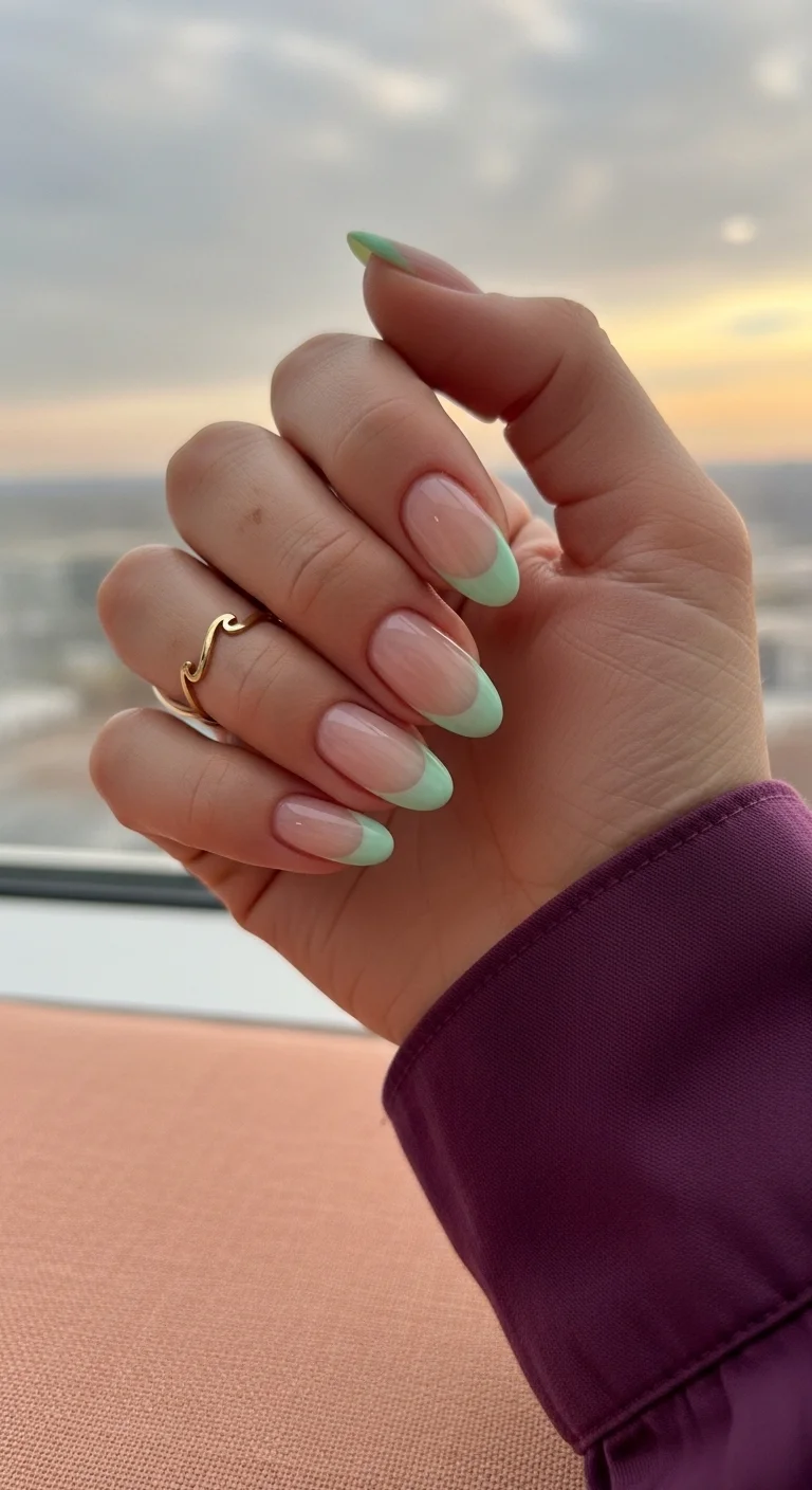 Almond nails with a soft, mint green French tip on a very sheer, natural base.