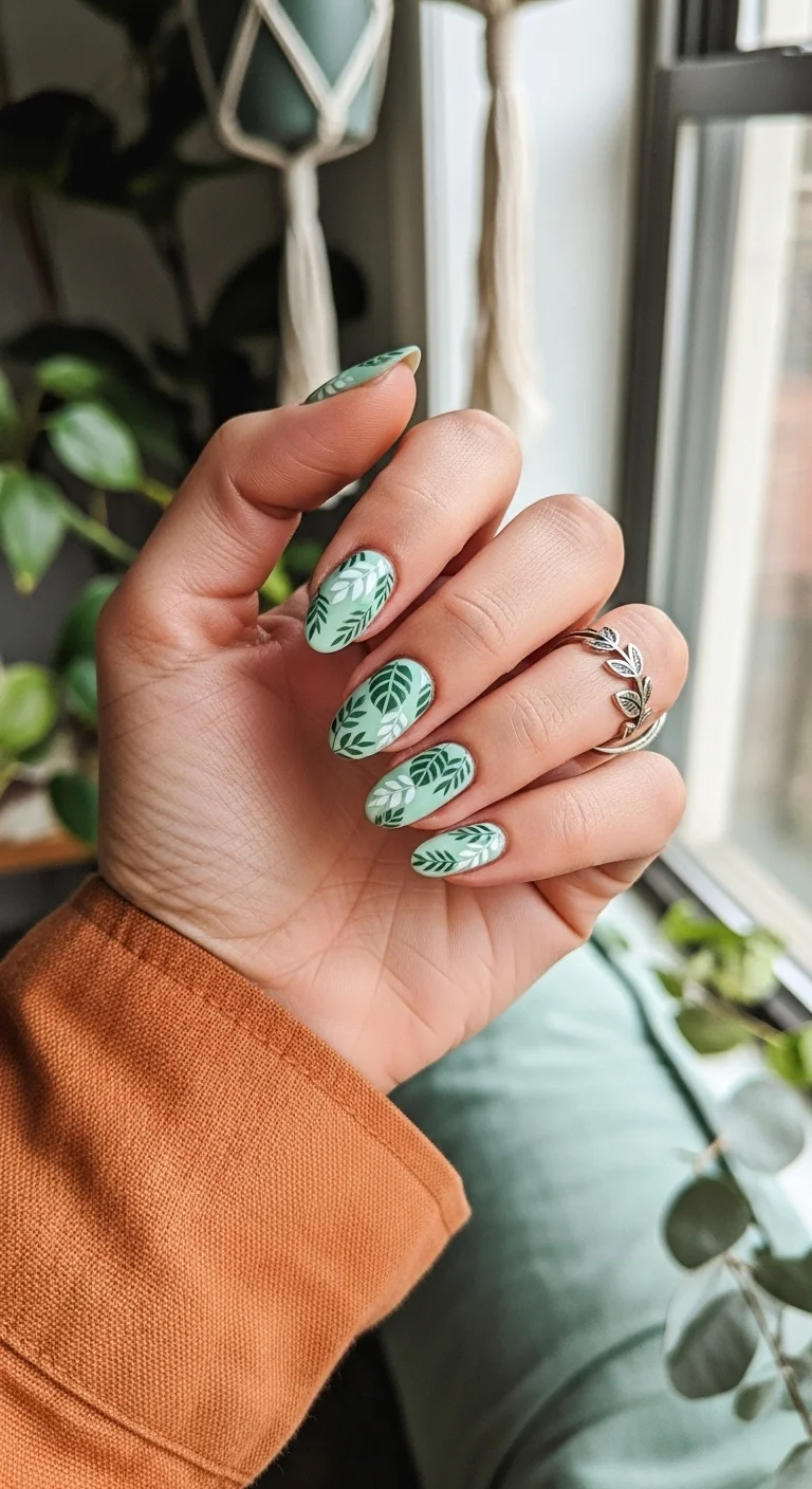 Almond nails in mint green with varying hand-painted tropical leaf patterns on each nail.