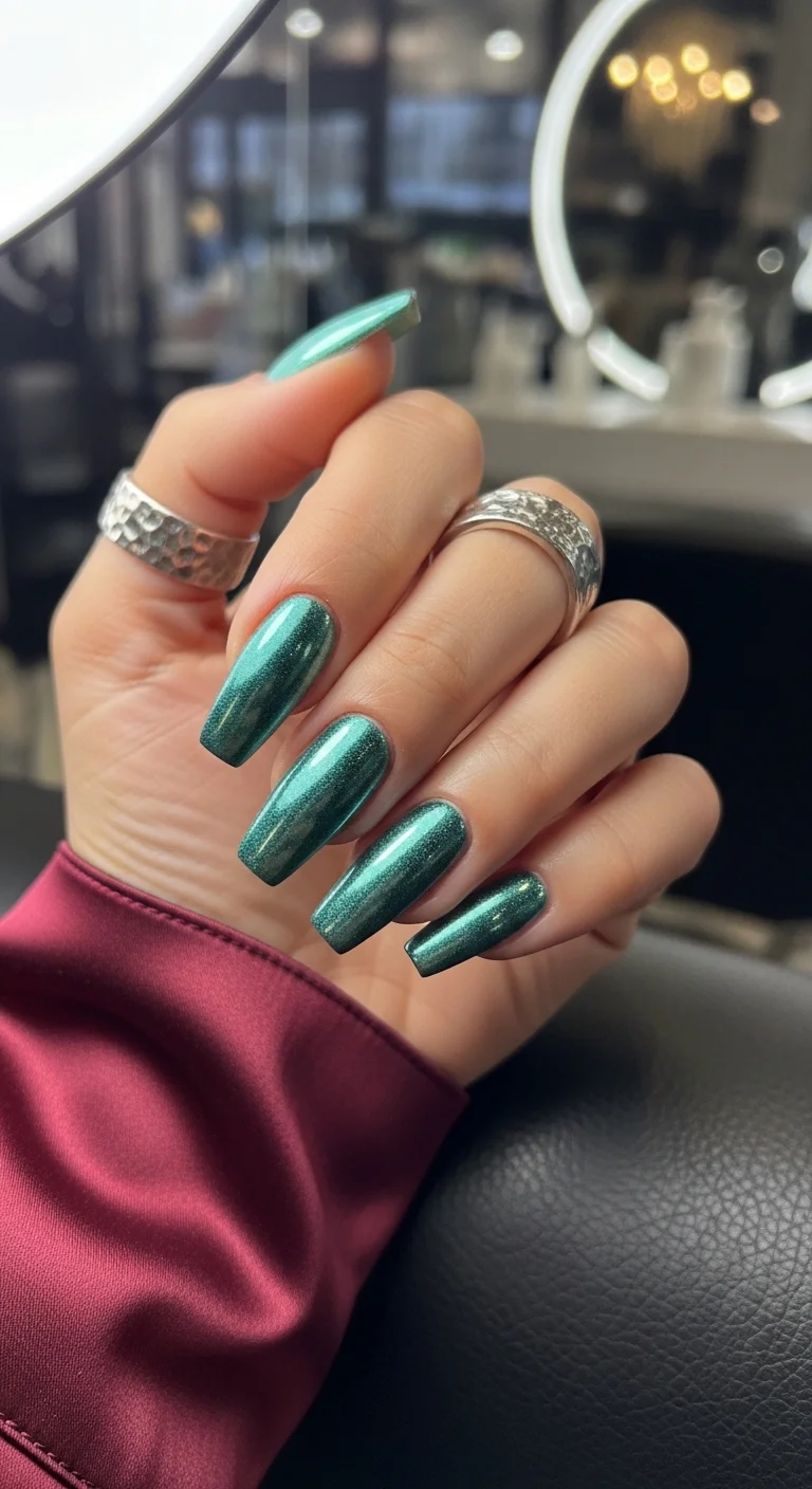 Long coffin nails with a deep, dark teal-mint chrome and glitter finish.