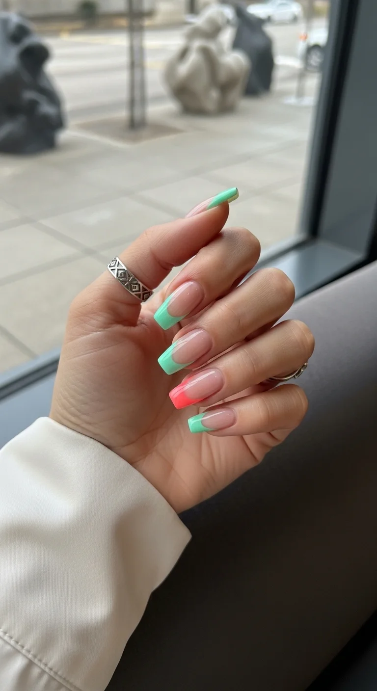 Square nails with mint green French tips and one bright coral-orange French tip.