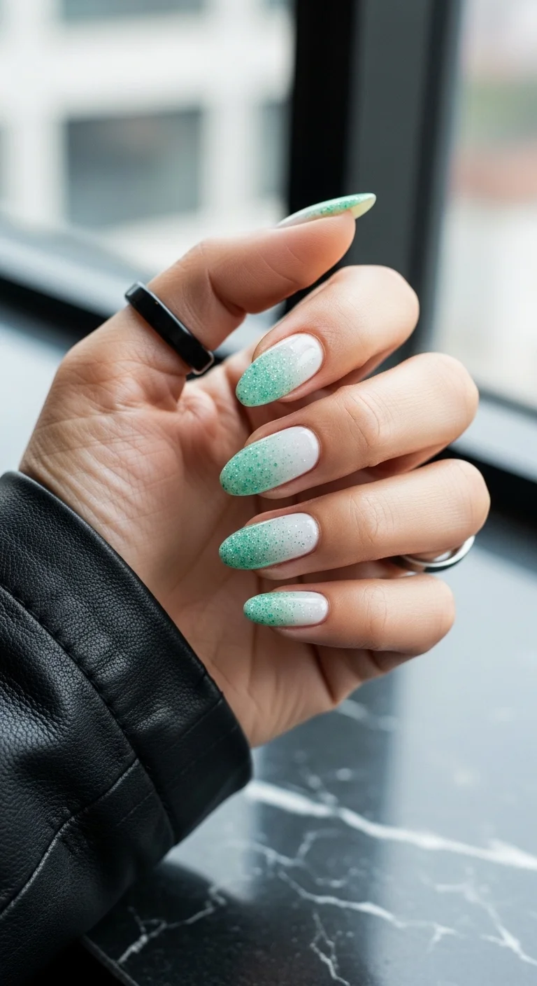 Almond nails with a white to mint green glitter gradient ombre effect.