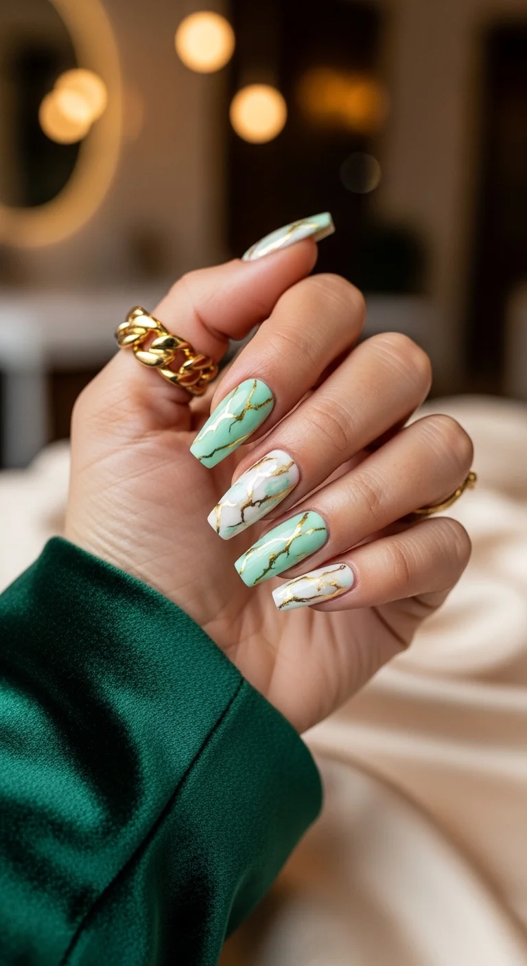 Long coffin nails featuring mint green and white marble with gold leaf veins.