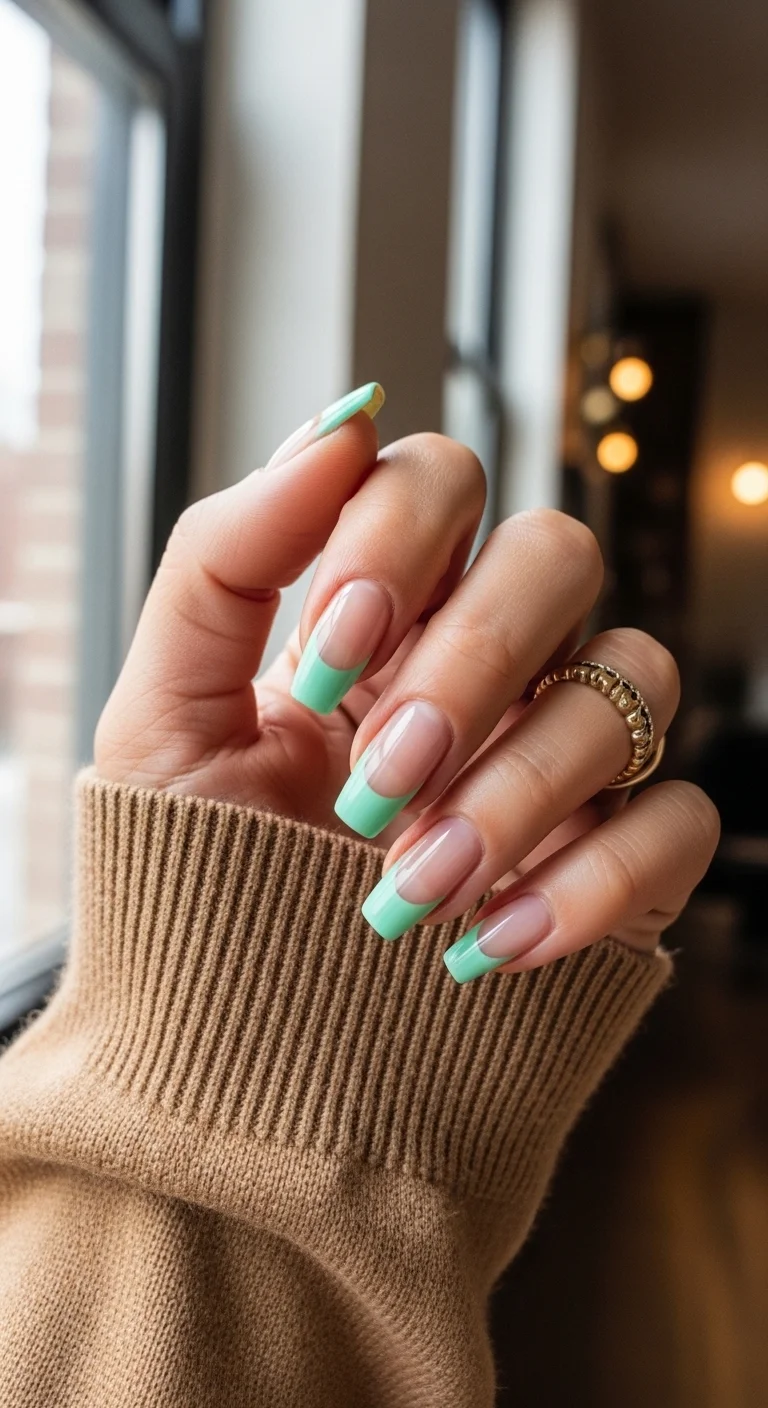 Long square nails with a soft, creamy mint green French tip on a nude base.