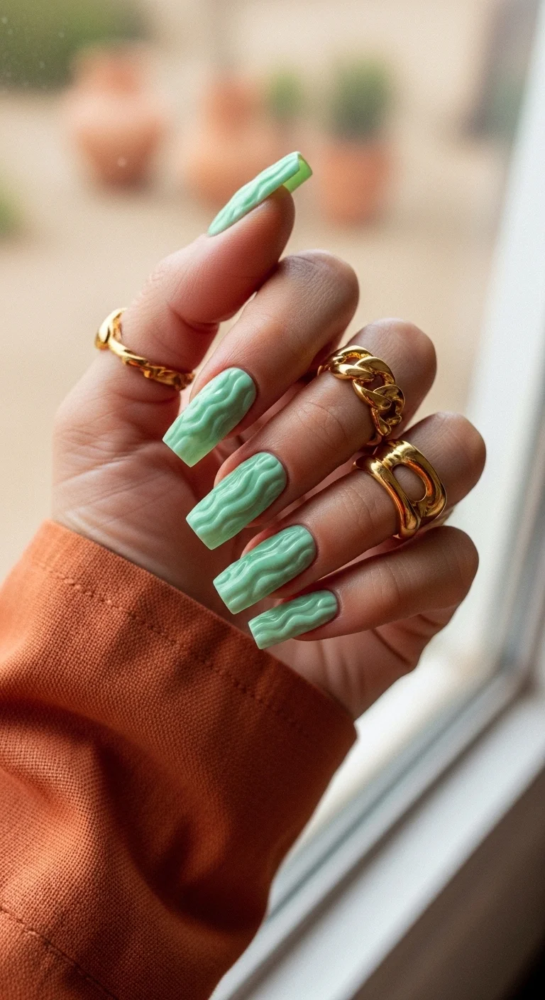 Long square nails with a 3D textured, wavy pattern in a solid mint green color.
