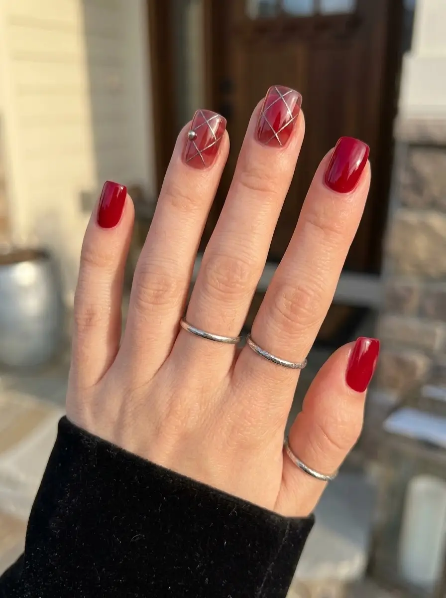 Deep Red Argyle Accent Nails