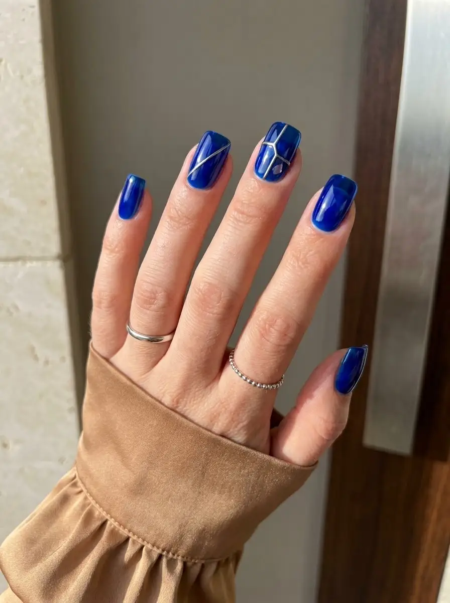 Cobalt Blue Silver Detail Nails