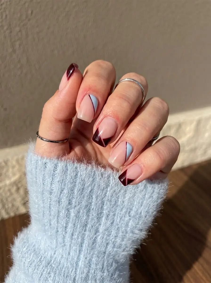 Burgundy and Blue Geometric French Nails