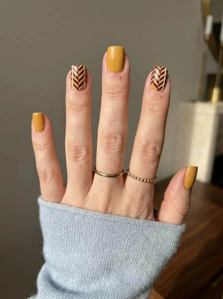 Mustard Chevron Accent Nails