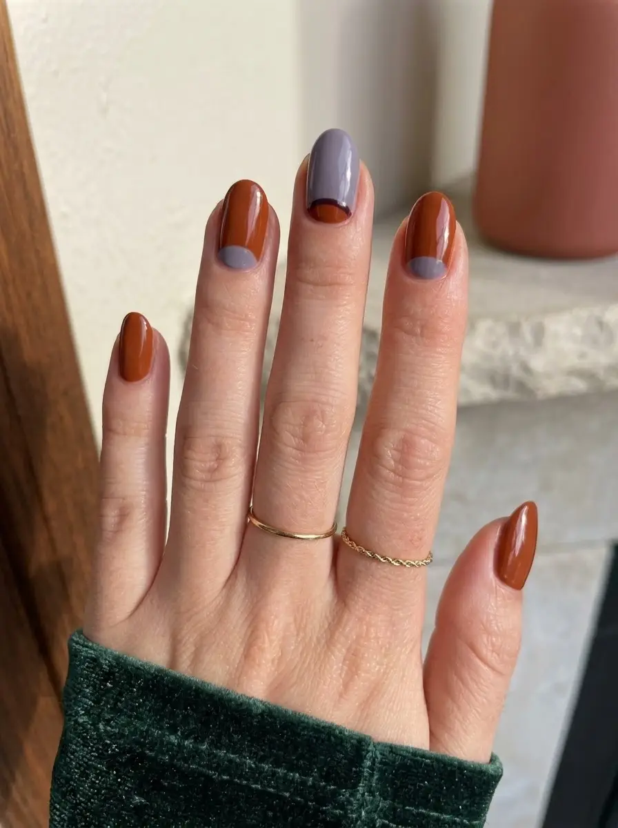 Caramel and Lilac Half-Moon Nails