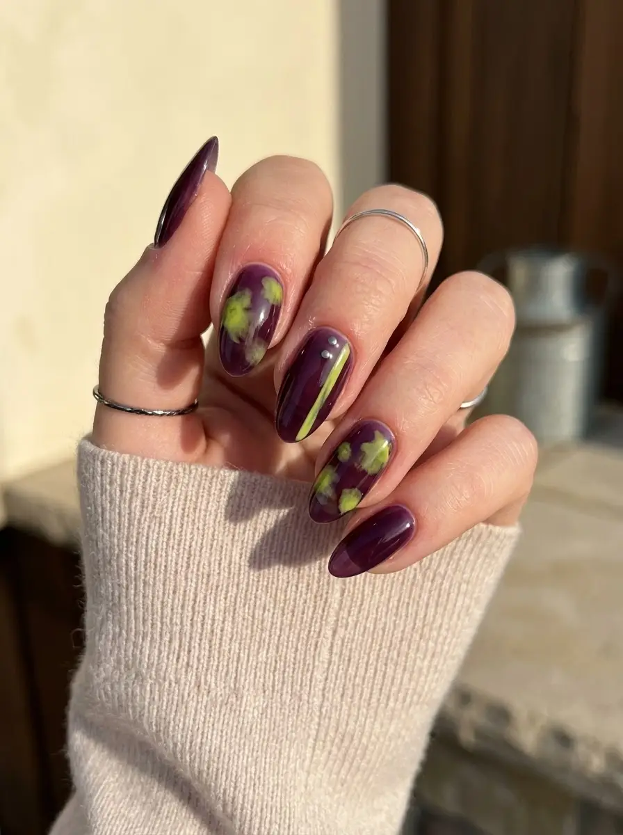 Plum Floral Accent Nails