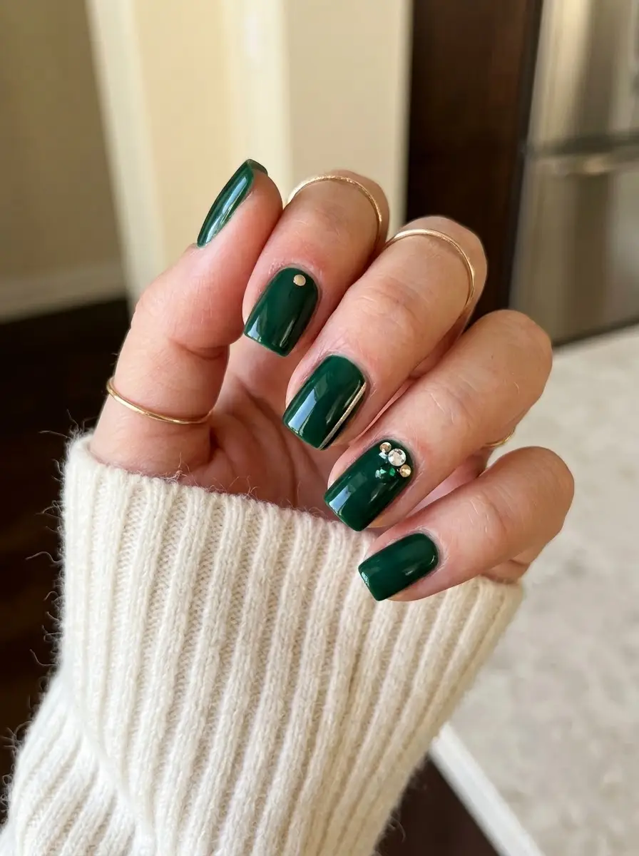Glossy Emerald Jewel Nails