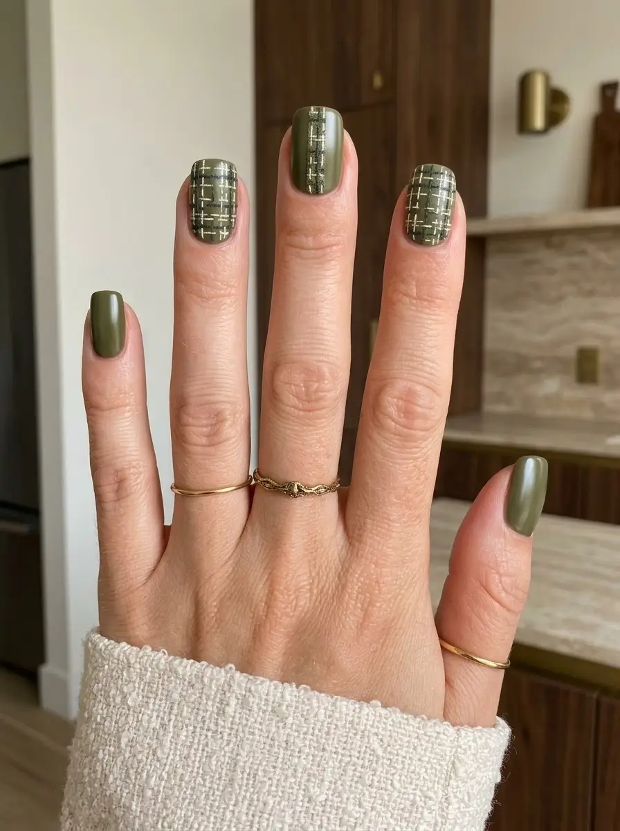 Olive Plaid Accent Nails