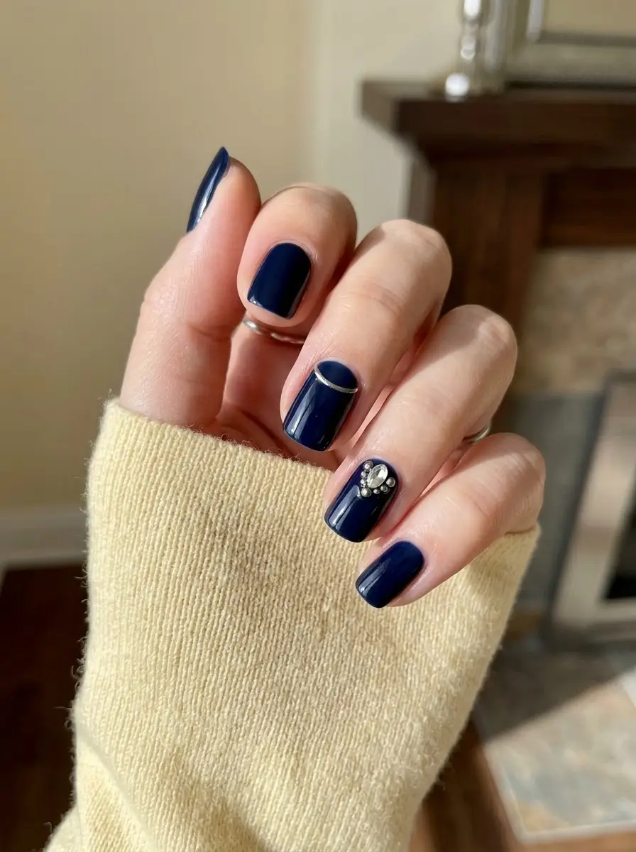 Navy Jewel Accent Nails