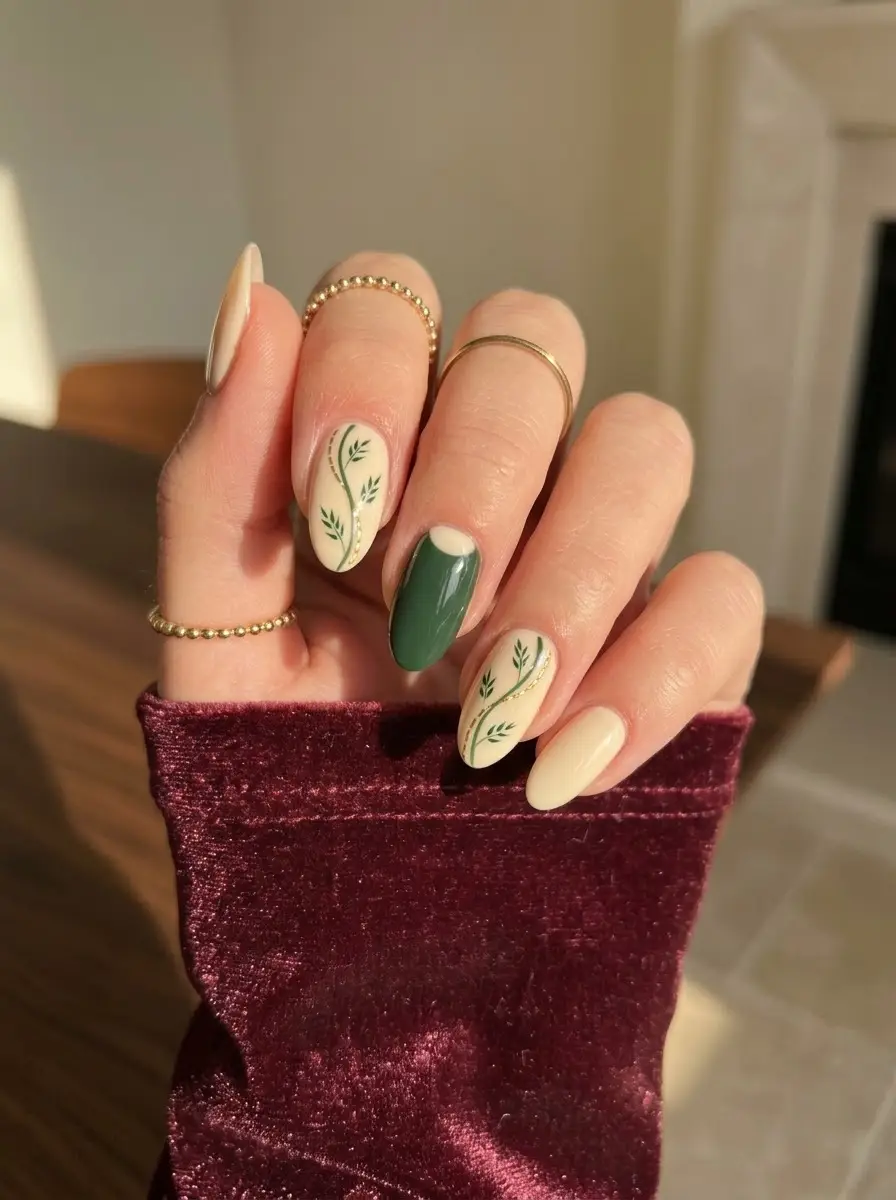 Cream and Green Botanical Nails