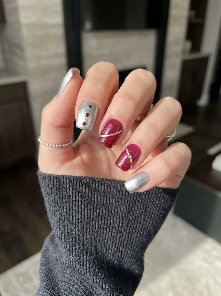 Silver and Berry Ribbon Nails