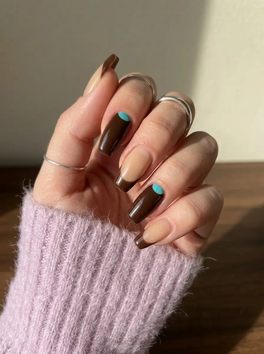 Chocolate Brown and Teal Half-Moon Nails