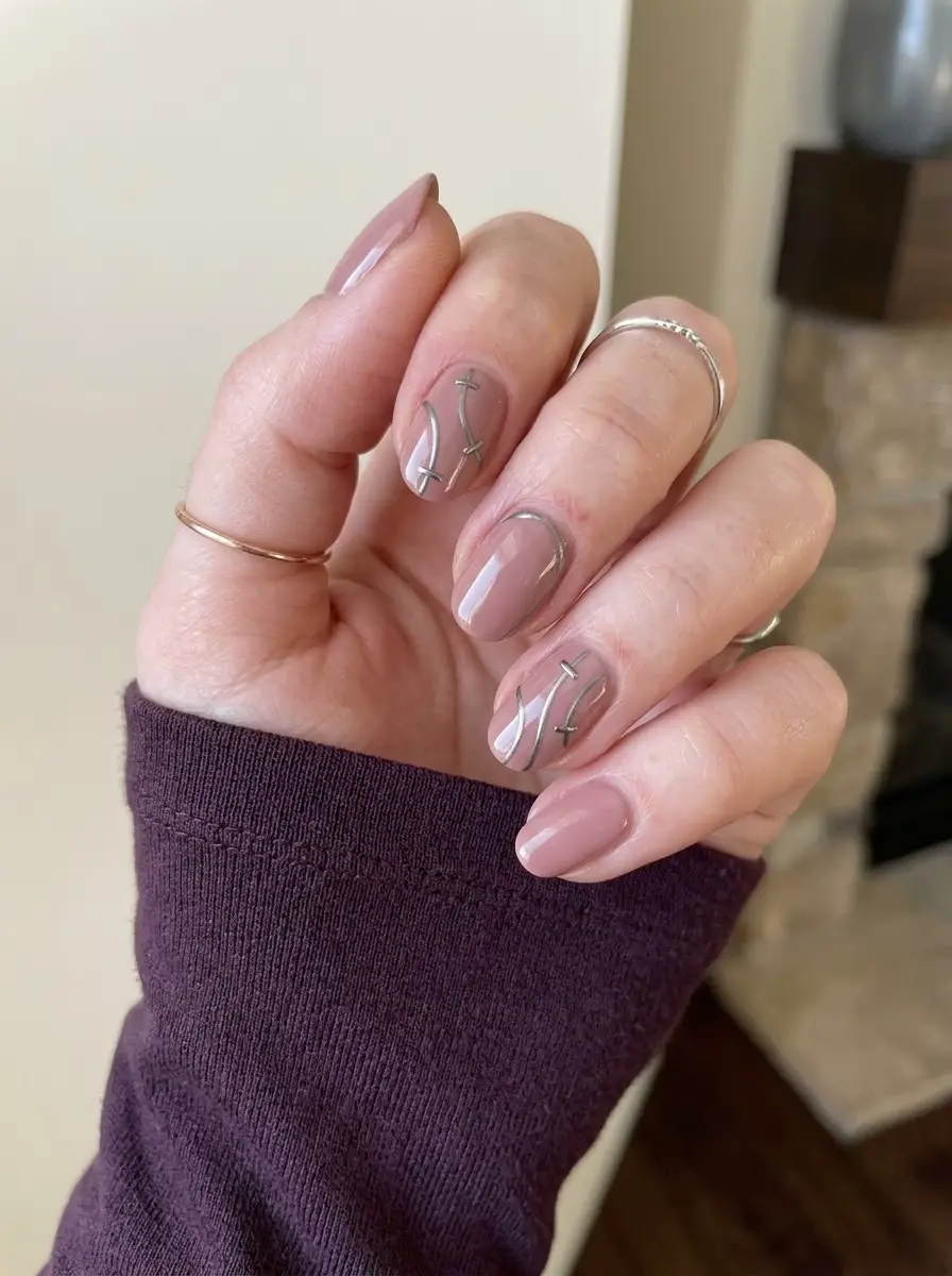 Minimal Nude Chrome Line Nails