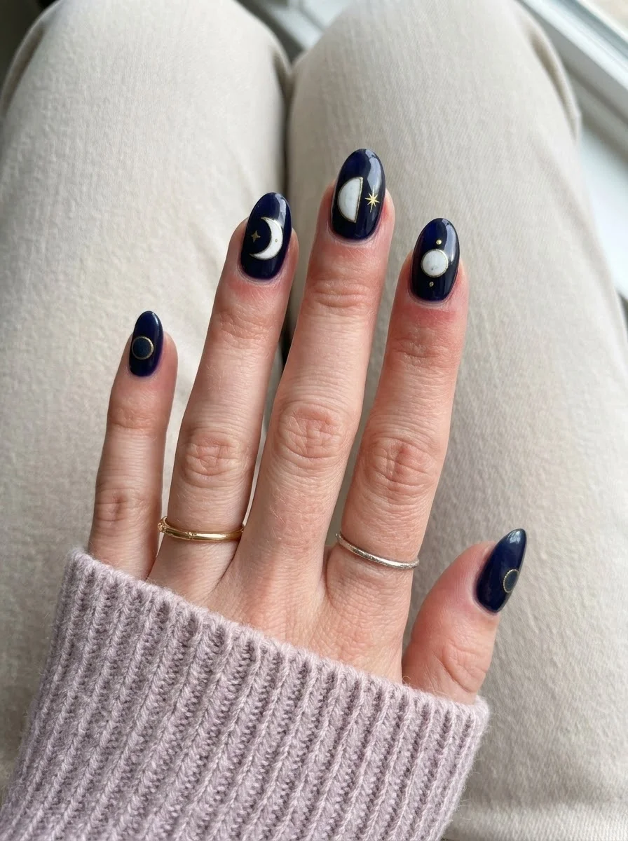 Midnight Navy Moon & Star Nails - Deep navy blue nails with white crescent moons, gold stars, and celestial accents