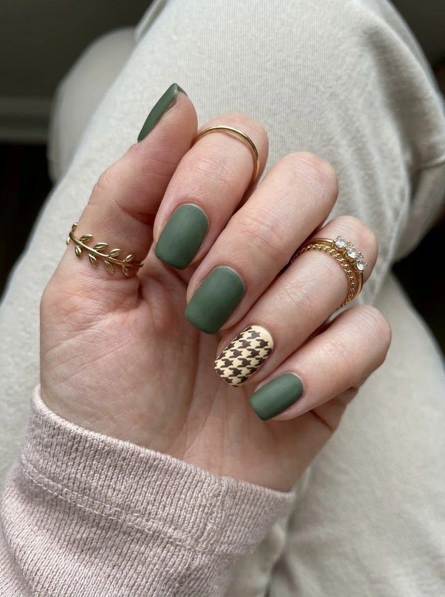 Matte Olive Houndstooth Accent Nails - Matte olive green nails with a cream and dark brown houndstooth accent nail