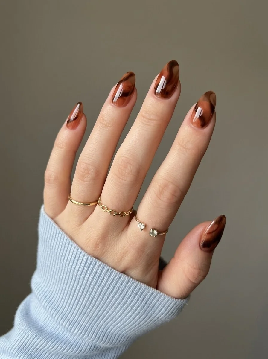 Tortoiseshell Glow - Amber and dark brown tortoiseshell nails with scattered gold flecks