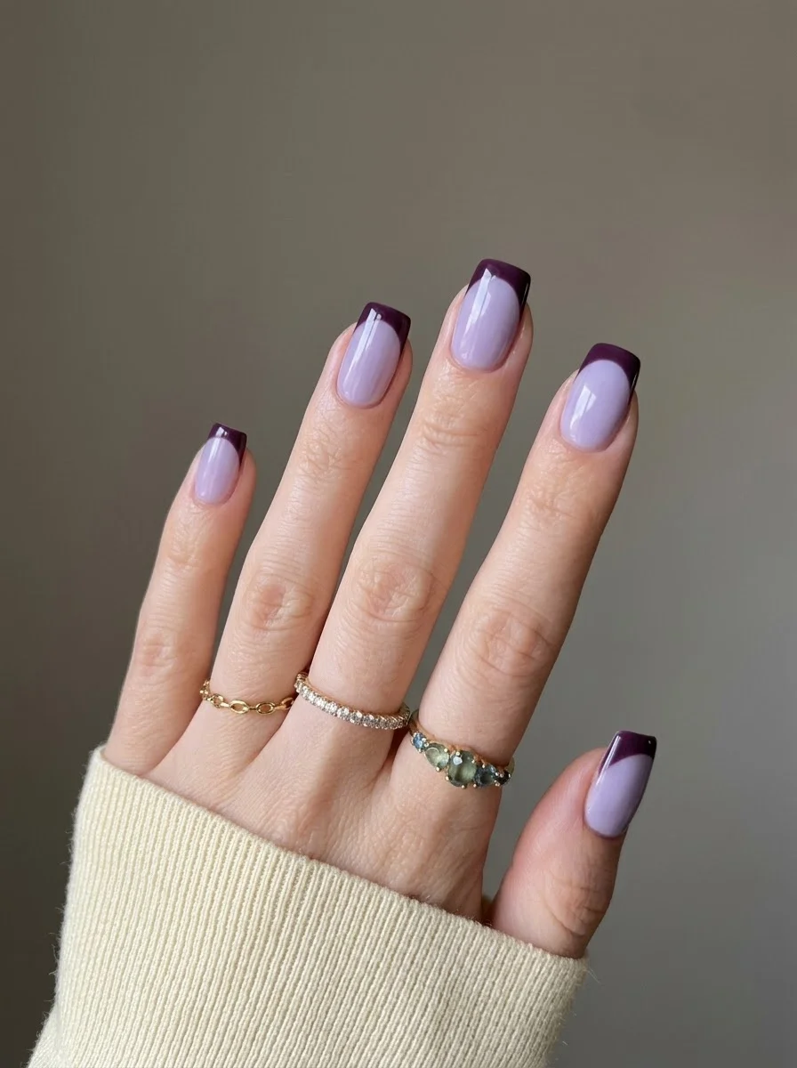 Lavender with Deep Plum Tips - Light lavender nails with dark purple French tip accents