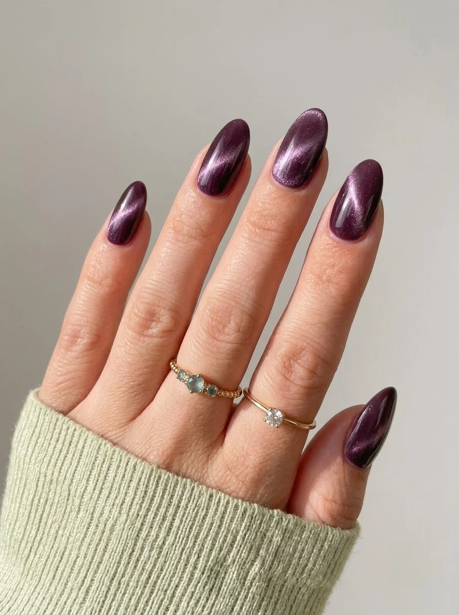 Plum Velvet Cat Eye - Deep plum purple nails with cat-eye magnetic shimmer effect