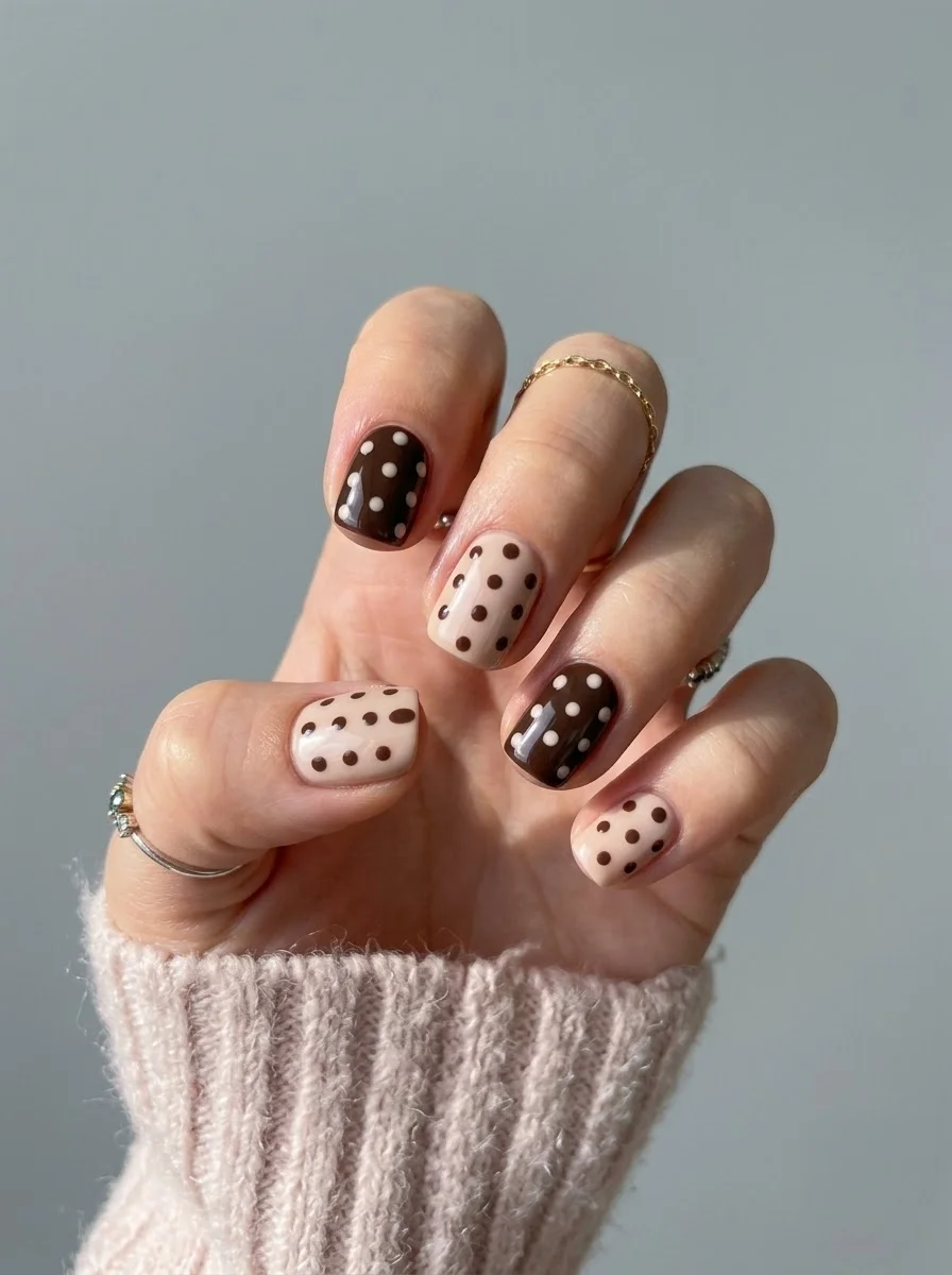 Chocolate and Cream Polka Dots - Alternating brown and beige nails with polka dot patterns