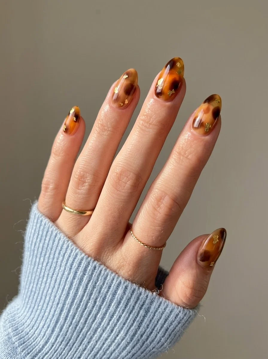 Classic Tortoiseshell with Gold Leaf - Amber and brown tortoiseshell nails with embedded gold leaf