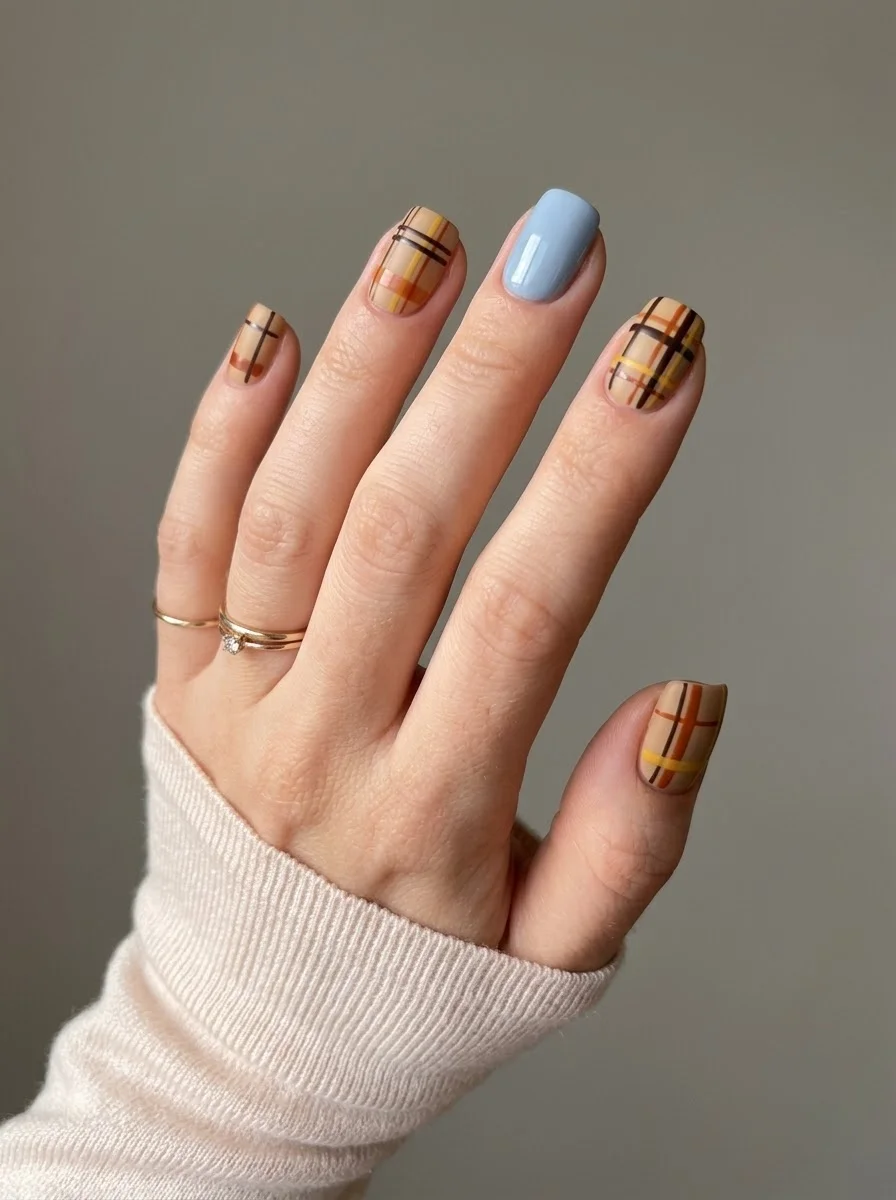 Burberry Plaid with Blue Accent - Nude nails with plaid pattern and a solid blue accent nail