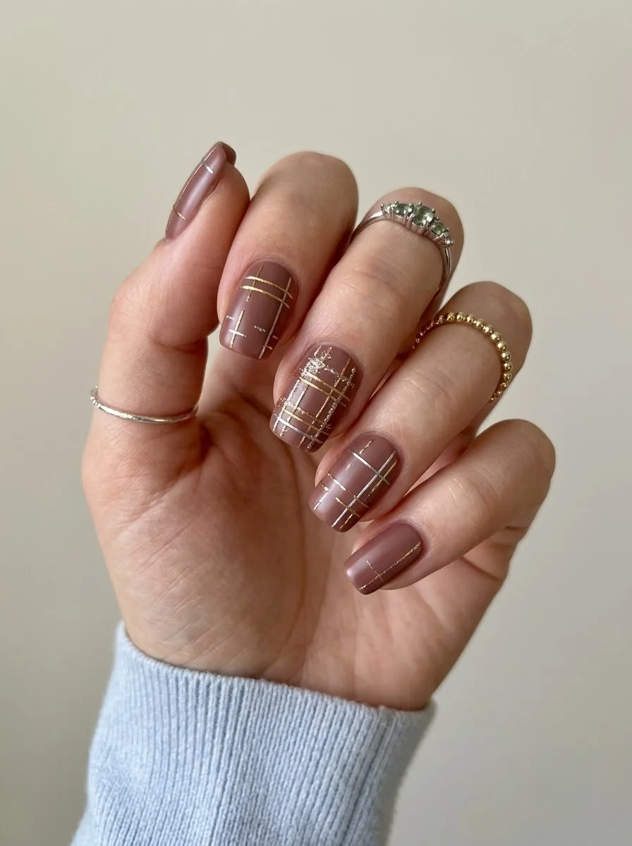 Mauve-Brown Gold Plaid - Mauve-brown nails with gold metallic plaid pattern lines