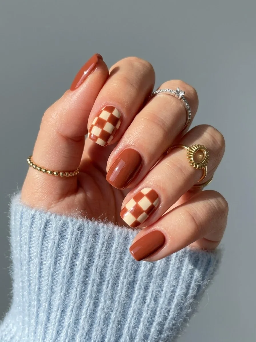 Terracotta Checkerboard Nails - Warm terracotta and creamy beige nails with checkerboard accent pattern