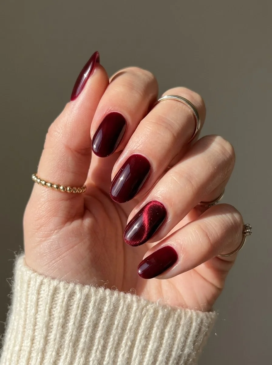 Deep Burgundy Cat Eye - Rich wine red nails with cat-eye magnetic shimmer on accent nail