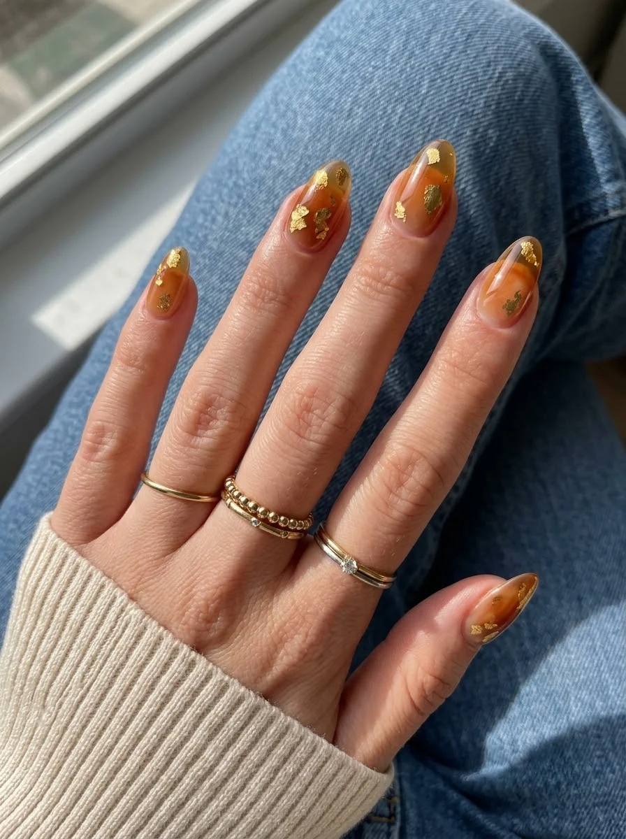 Amber Honey with Gold Leaf - Translucent honey amber nails with scattered gold leaf flakes