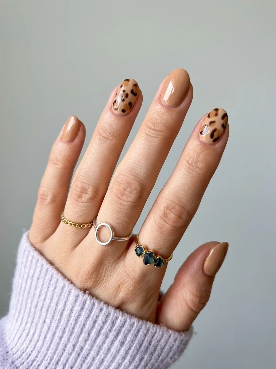 Nude Leopard Print Accents - Warm nude nails with leopard print on accent fingers