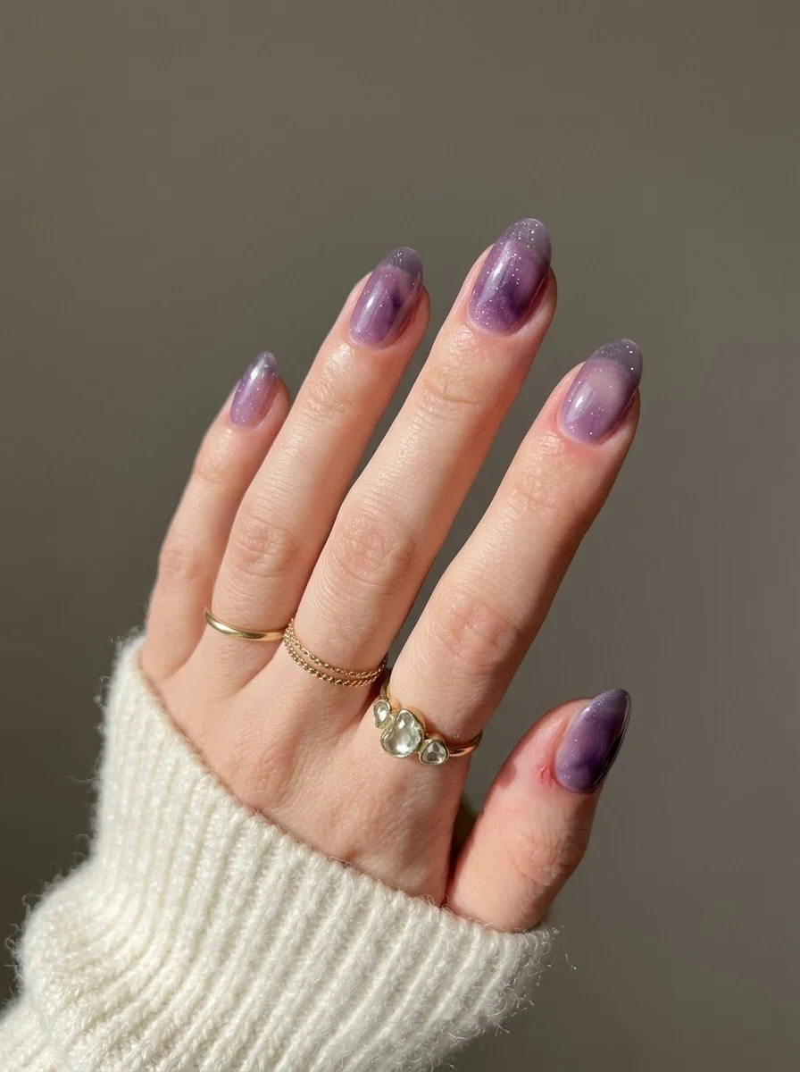 Purple Galaxy Ombre - Purple gradient nails with shimmer and glitter particles