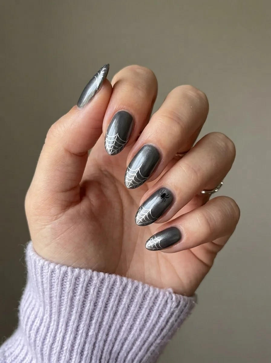 Charcoal Spiderweb Chrome - Dark gray metallic nails with white spiderweb tips and a spider accent