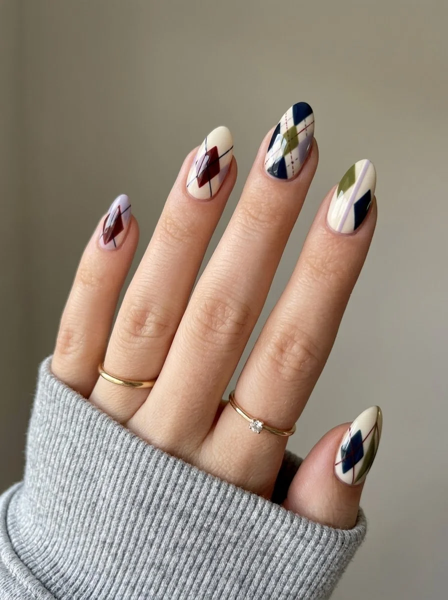 Cream Argyle - Cream base with argyle pattern in navy blue, burgundy, and olive green