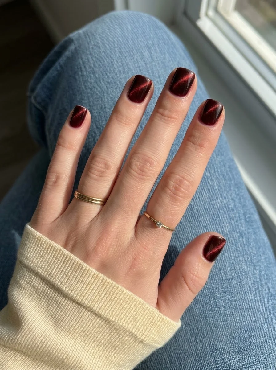 Burgundy with Black Dot Detail - Deep burgundy nails with small black dot accent near cuticle