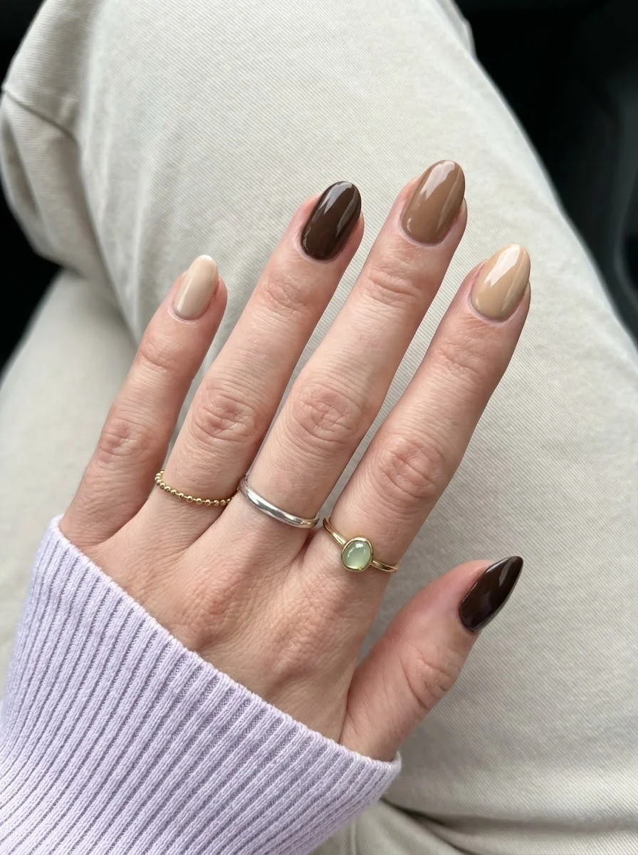 Brown Gradient - Each nail painted a different brown shade creating a gradient across the hand