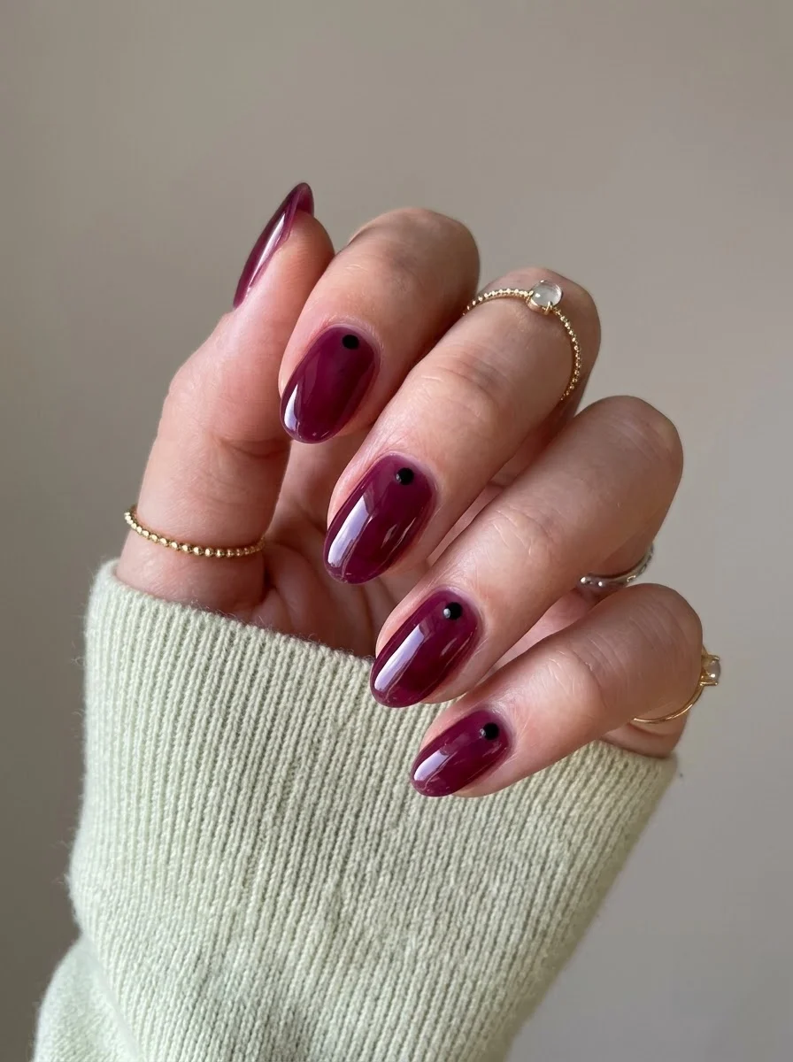 Deep Burgundy with Black Dots - Rich burgundy nails with small black dot near the cuticle