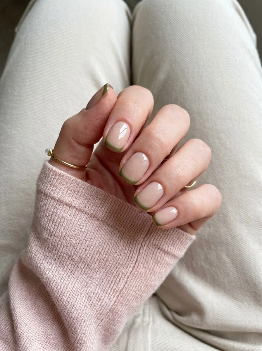 Natural Olive French Tips - Short natural nails with thin olive green French tip lines