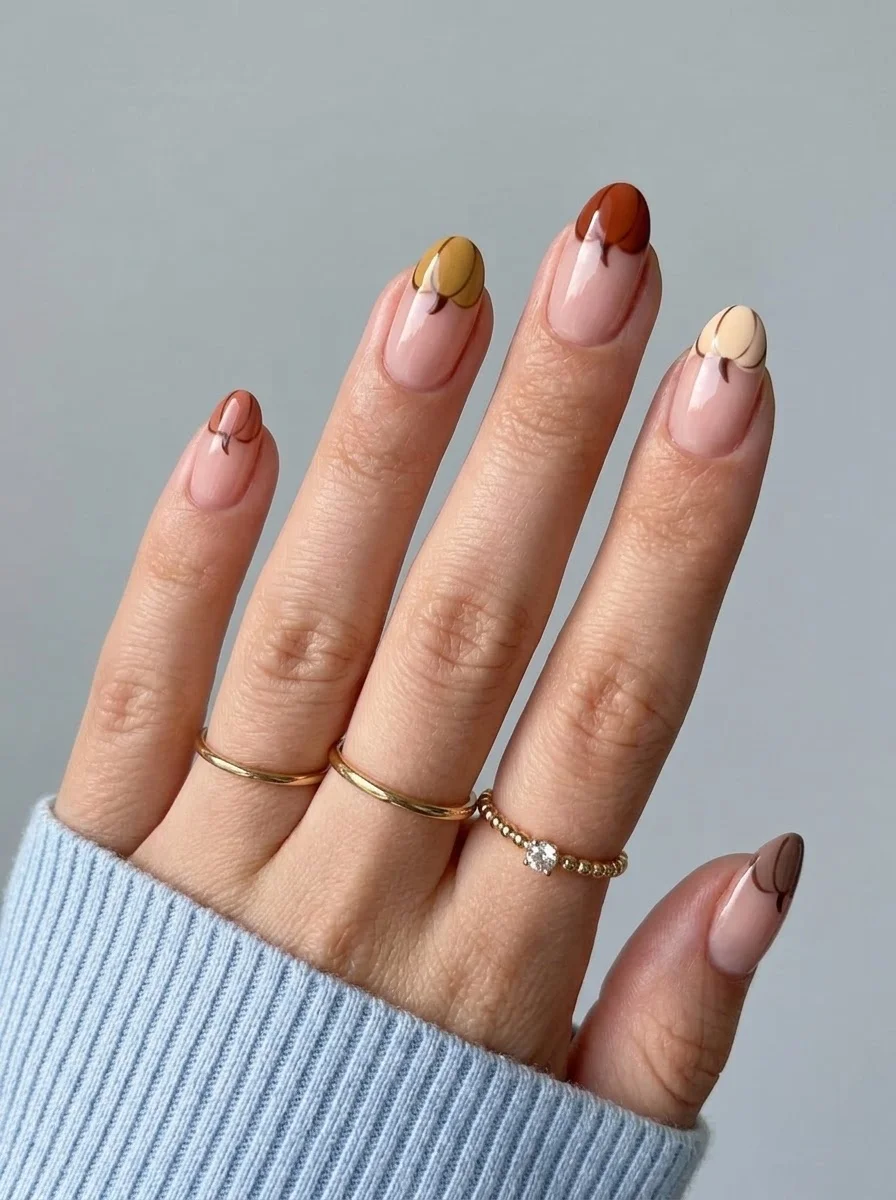 Abstract Pumpkin-Tip French Nails - Nude French nails with curved abstract blocks of rust, mustard, caramel, and cream