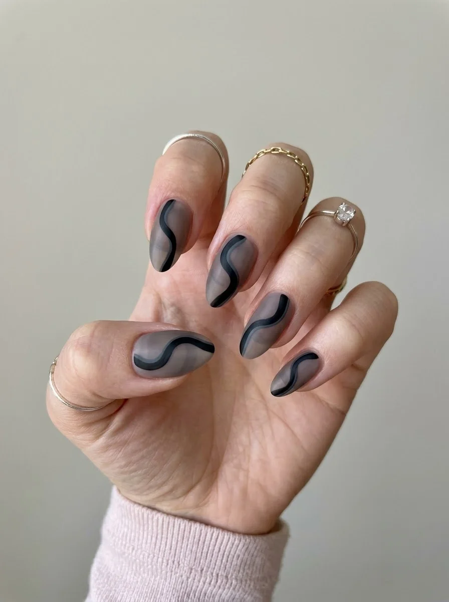 Matte Gray with Black Waves - Matte gray smoky base with bold black wavy swirl lines