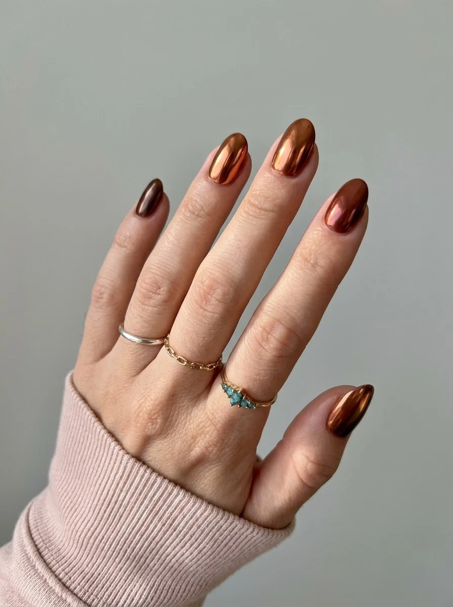 Deep Bronze Chrome - Deep metallic bronze nails with warm copper shimmer