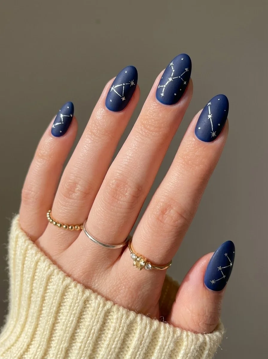 Midnight Constellation Nails - Deep navy blue nails with fine silver constellation lines and starburst accents