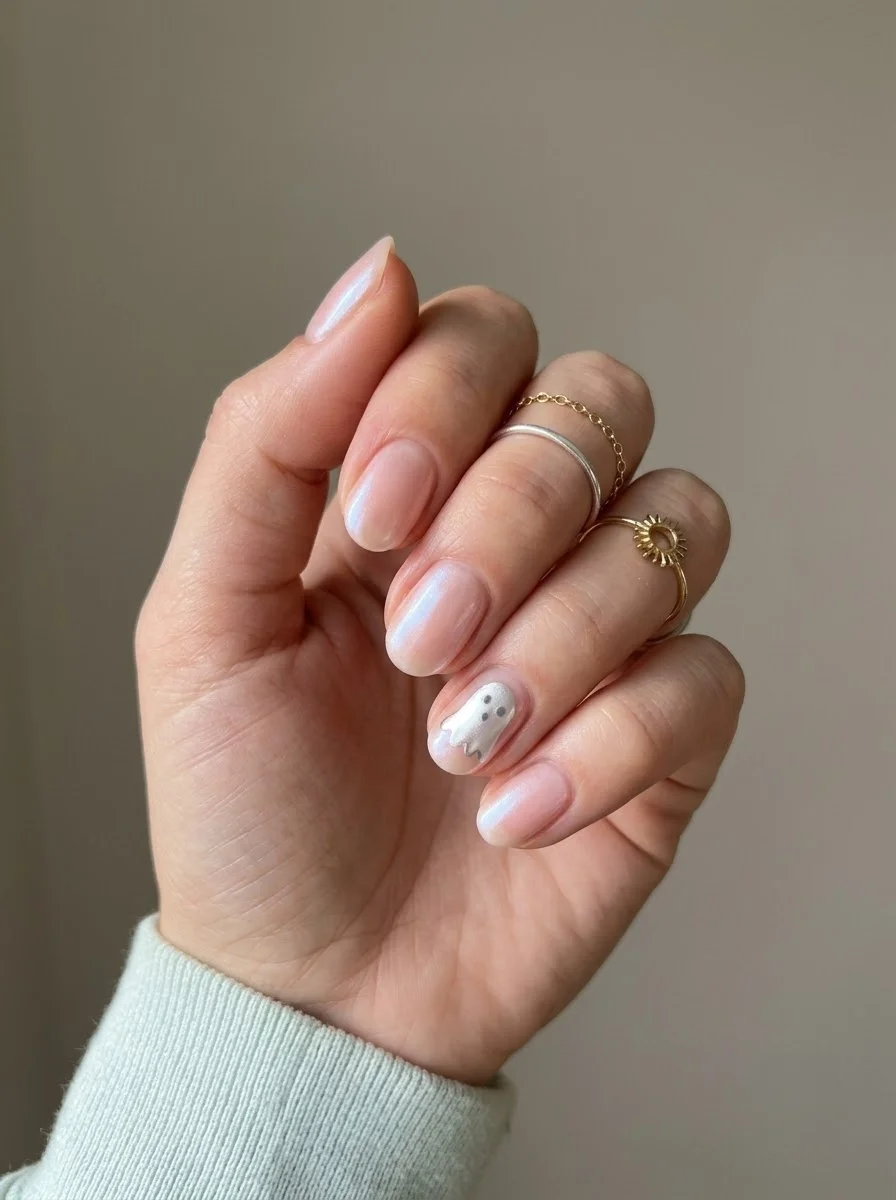 Pearl Ghost Accent Nails - Iridescent pearly nude-white nails with one subtle white ghost accent