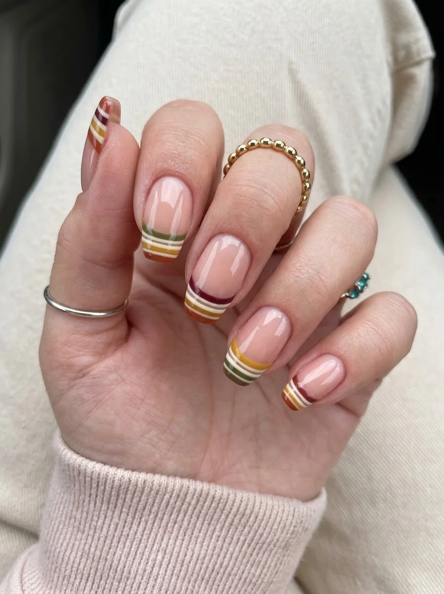 Retro Fall Stripe French Nails - Sheer blush nails with thin horizontal French tip stripes in rust, mustard, olive, burgundy, and cream