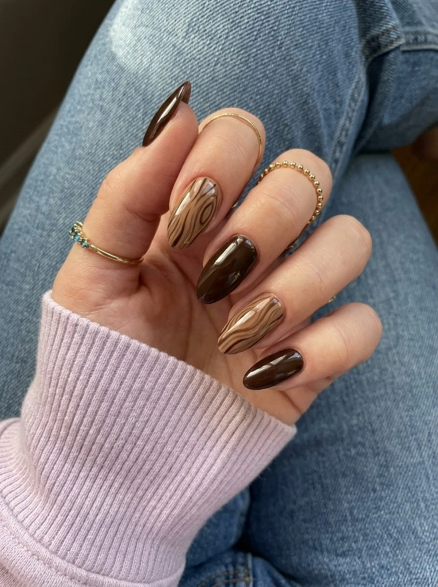 Chocolate Wood-Grain Nails - Dark chocolate nails with caramel accent nails featuring hand-painted wood grain patterns